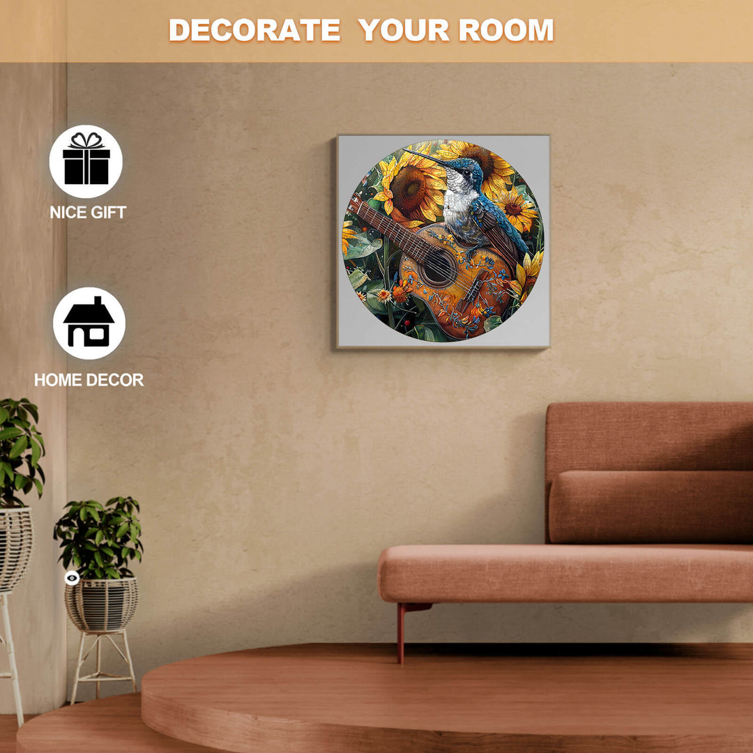 Stylish wall art featuring a bird and guitar, perfect for home decor and as a thoughtful gift.