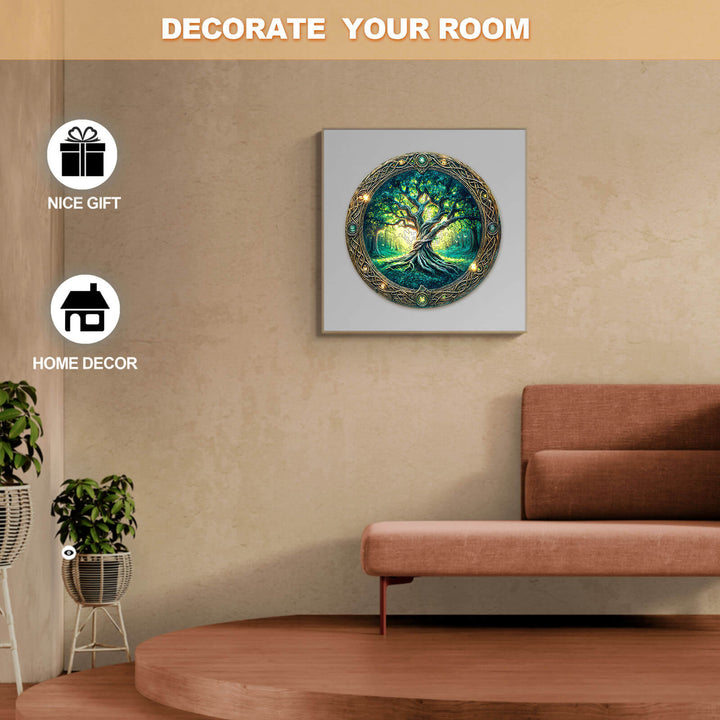 Decorative Eternal Tree wooden jigsaw puzzle on a wall, enhancing home decor and making a great gift.