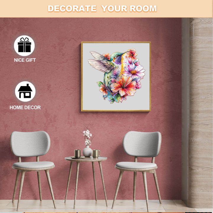 Colorful hummingbird surrounded by flowers in a modern room setting, perfect for home decor.