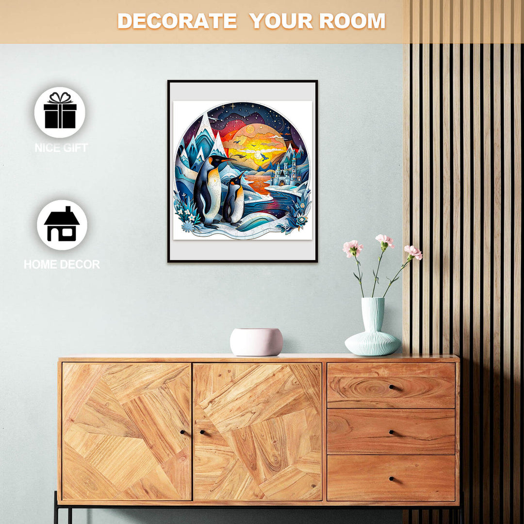 Decorative penguin family artwork for home decor, showcasing vibrant colors in a cozy room setting.