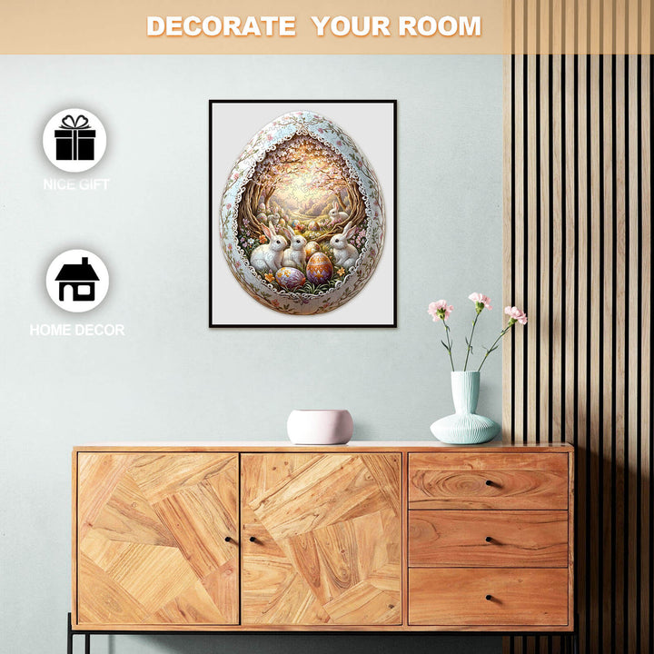 Beautiful decorative wall art of an Easter egg with bunnies, perfect for home decor and as a nice gift.