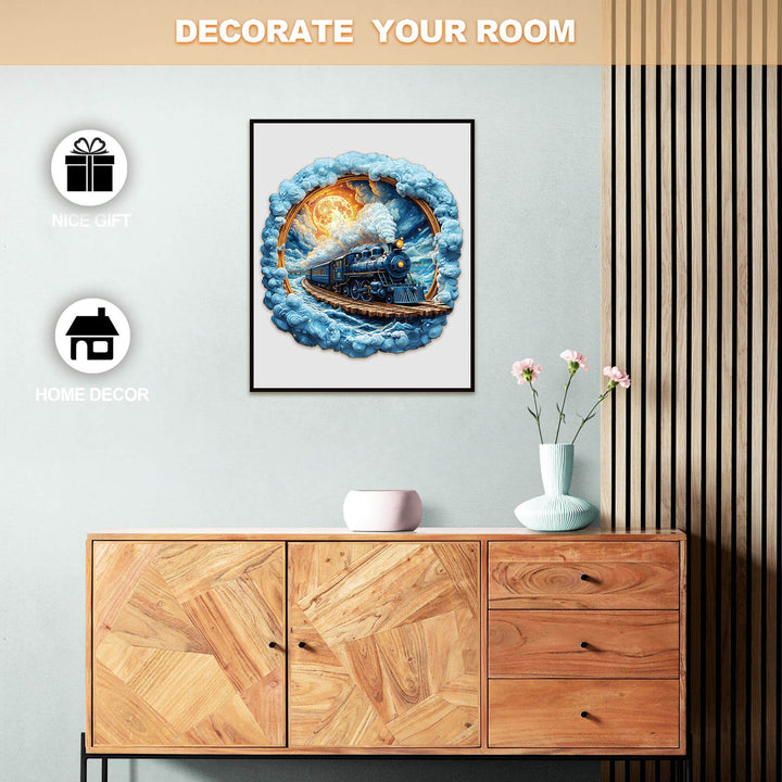 Decorative wall art featuring a vintage train in clouds, ideal for home decor and as a unique gift.