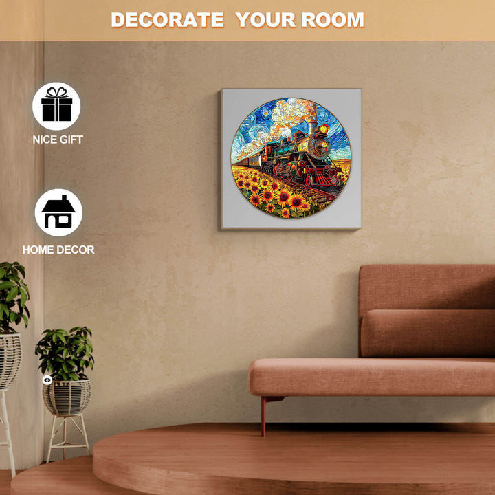 Sunflower Star Train wooden jigsaw puzzle for home decor and as a thoughtful gift for puzzle enthusiasts.