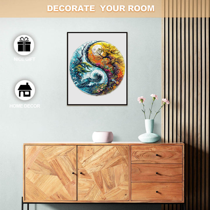Yin yang landscape art in modern room decor with wooden furniture and floral arrangement.