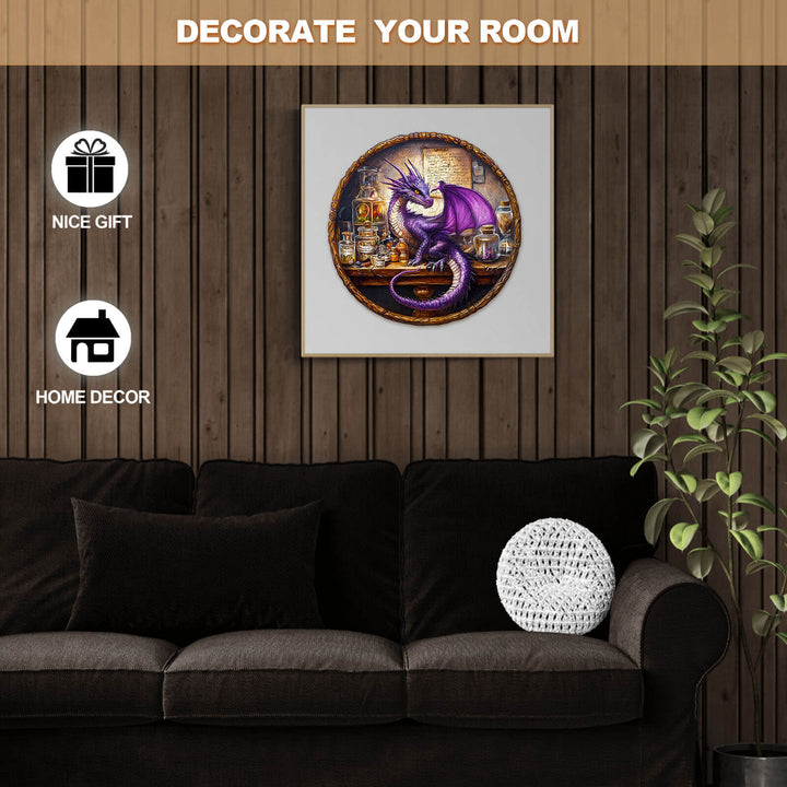 Colorful purple dragon jigsaw puzzle displayed as home decor, perfect for gifts and enhancing room ambiance.