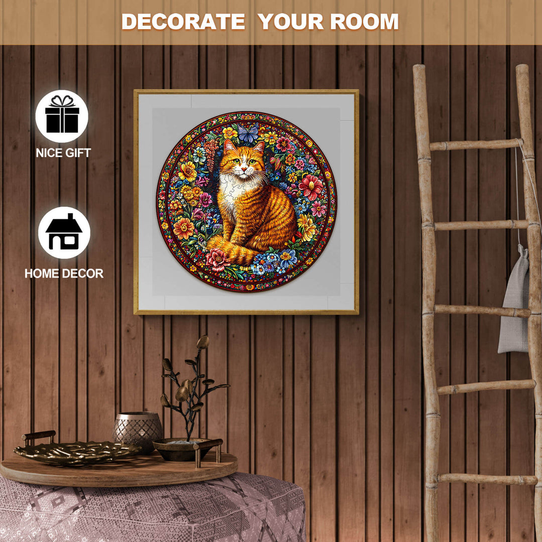 Floral Feline wooden jigsaw puzzle featuring a cat surrounded by colorful flowers, ideal for home decor and as a gift.