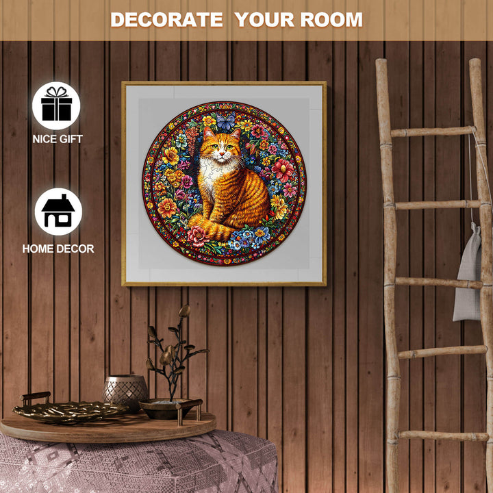 Floral Feline wooden jigsaw puzzle featuring a cat surrounded by colorful flowers, ideal for home decor and as a gift.