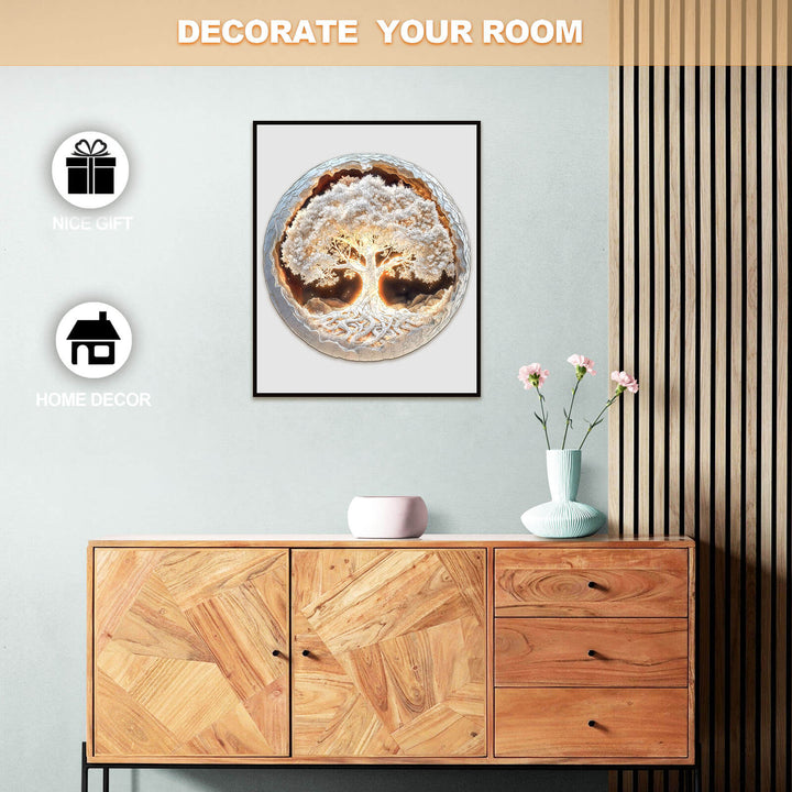 3D glowing tree of life wooden jigsaw puzzle displayed in modern home decor setting.
