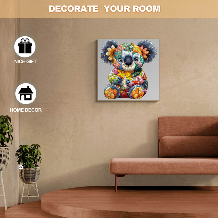 Colorful patchwork koala wooden jigsaw puzzle, perfect for home decor and as a thoughtful gift.