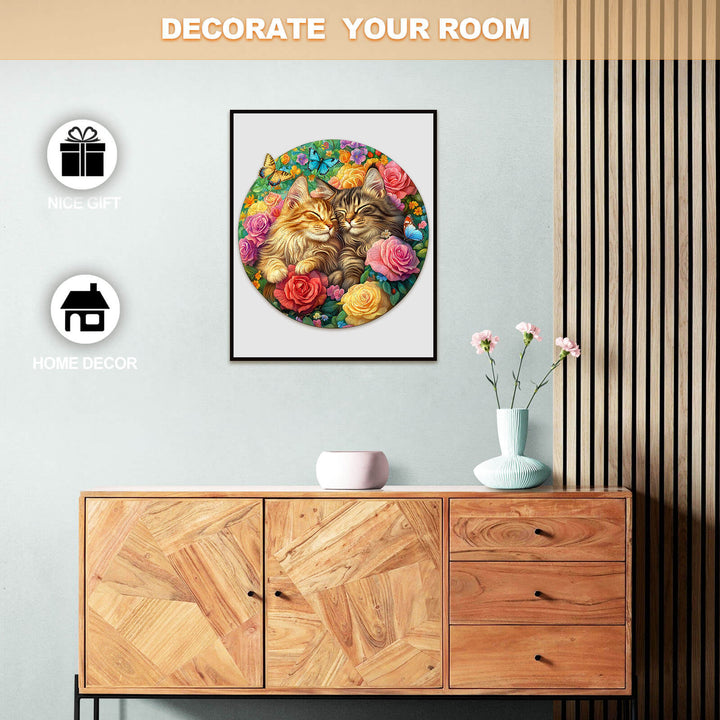 Wooden jigsaw puzzle featuring two cats surrounded by flowers, perfect for home decor and gifts.