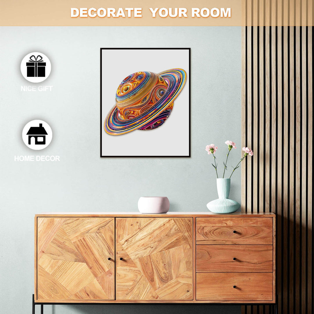 3D Fantasy Saturn jigsaw puzzle artwork displayed in modern home decor setting, ideal as a gift or room decoration.