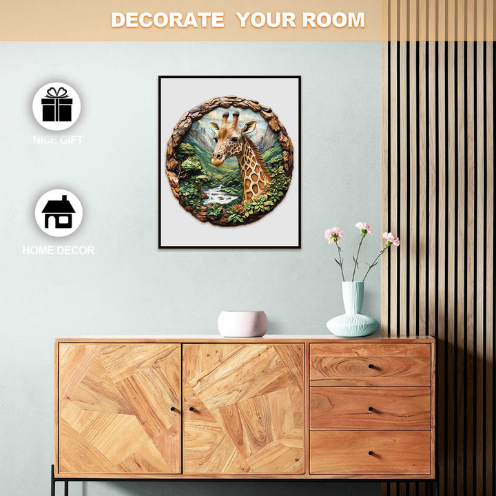 3D wooden giraffe puzzle artwork displayed in modern home decor, enhancing room aesthetics.