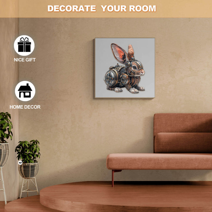 Mechanical rabbit wooden jigsaw puzzle displayed as home decor, ideal for decoration and thoughtful gifts.