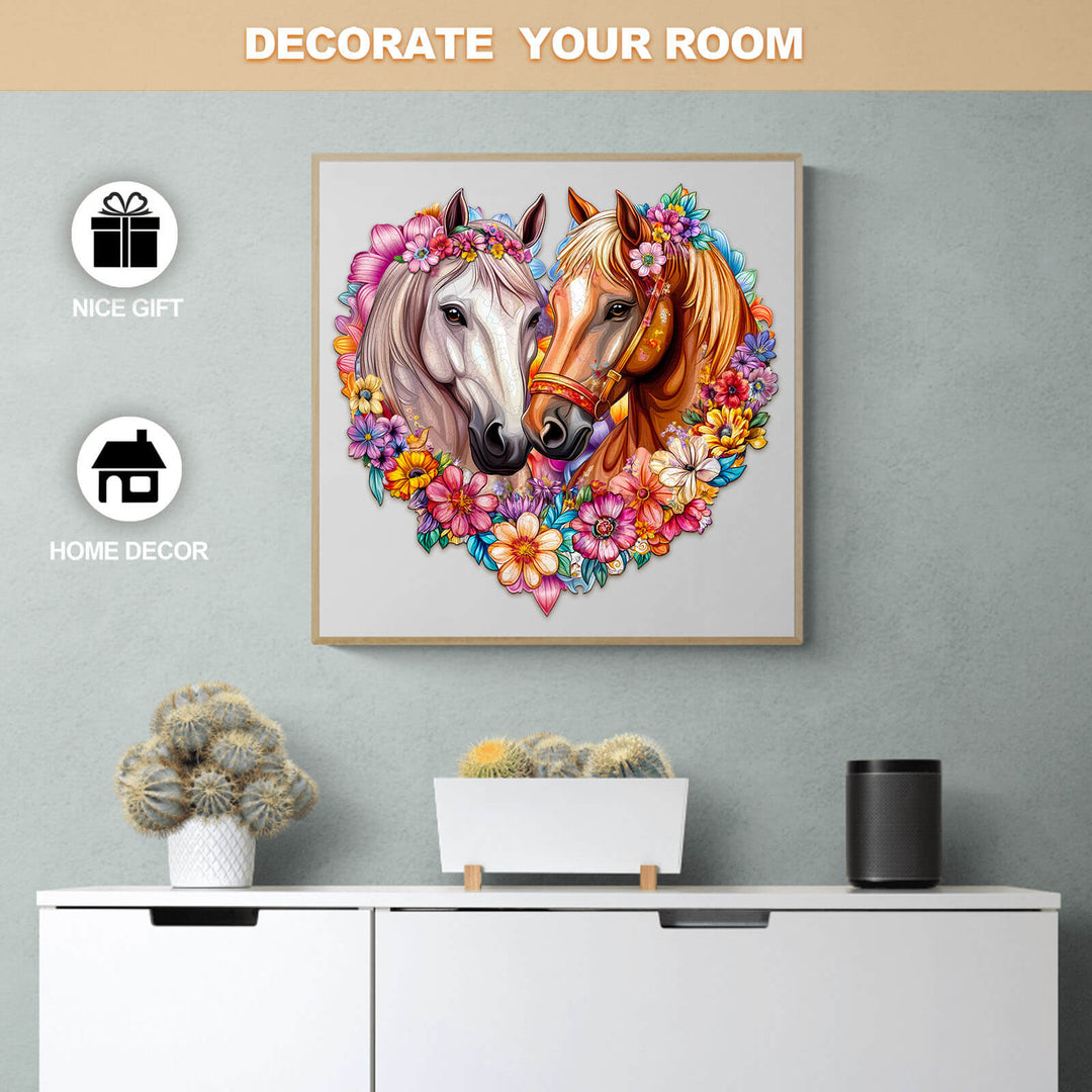 Beautiful art of two horses in love surrounded by flowers, perfect for home decor and gifts.