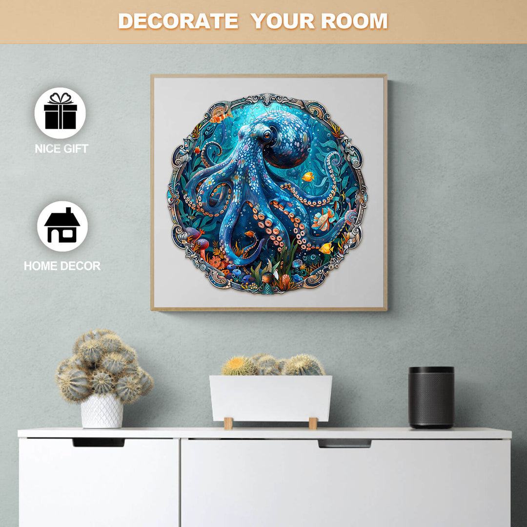 Decorative Mystic Tentacles wooden jigsaw puzzle art displayed in a stylish living room setting.