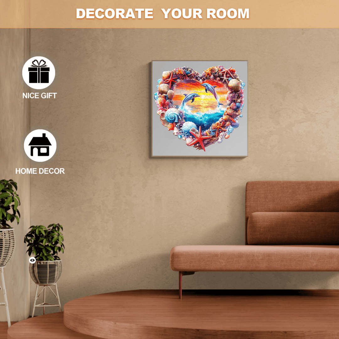 Colorful coral and dolphin heart artwork for home decor, perfect for gifting and enhancing room aesthetics.