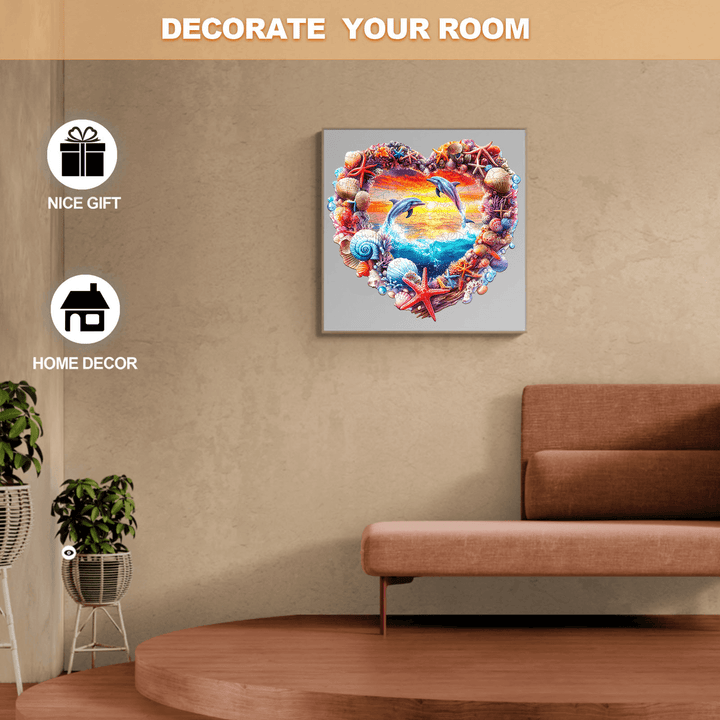 Colorful coral and dolphin heart artwork for home decor, perfect for gifting and enhancing room aesthetics.