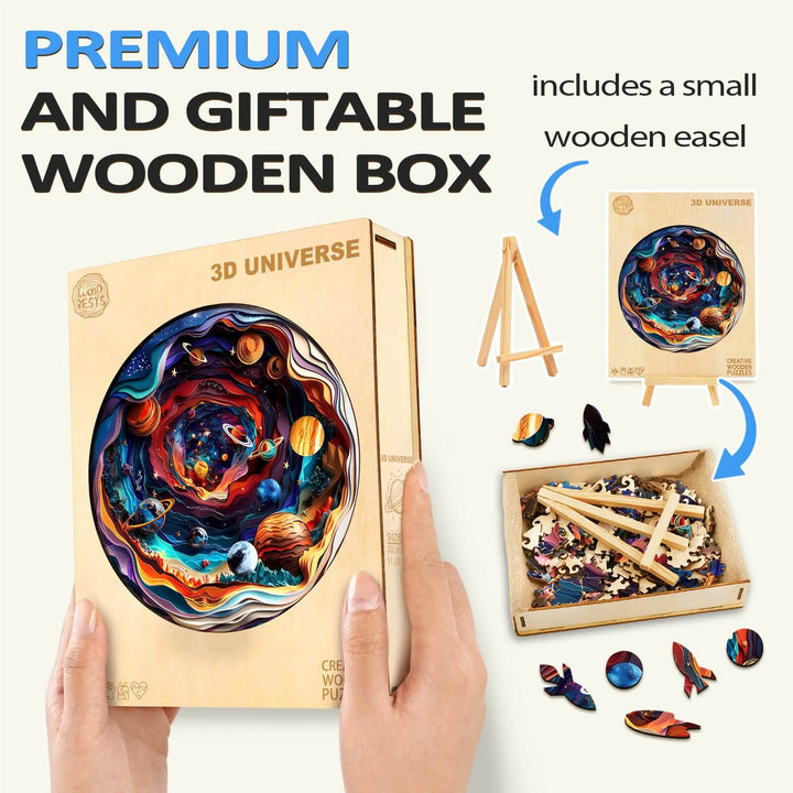 3D Universe wooden jigsaw puzzle in premium box with small wooden easel, perfect for gift giving and mind games.