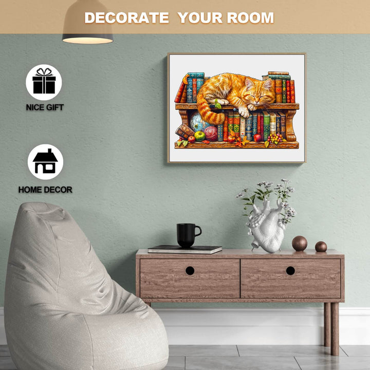 Cozy living room setup featuring a sleeping tabby cat painting on a shelf with books, perfect for home decor.