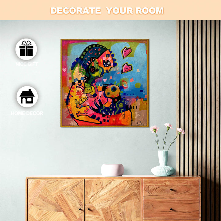 Colorful painting 'Mother and Son' by Shirin Moarefi, perfect for home decor and artistic inspiration.