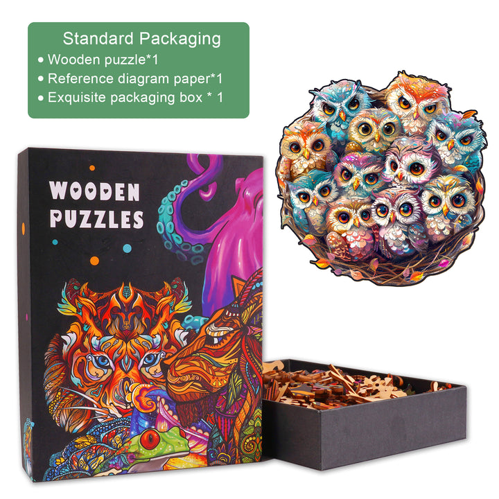 Colorful Baby Owls Wooden Jigsaw Puzzle in a beautifully designed box, promoting focus and mental agility.
