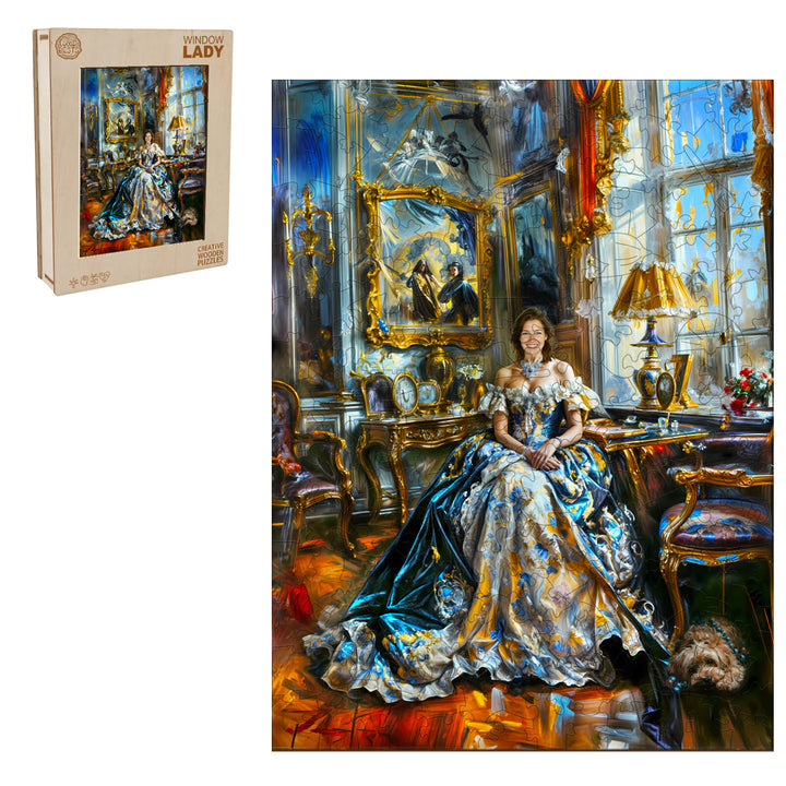 Custom wooden puzzle featuring the elegant Window lady in a colorful, artistic setting with intricate details.