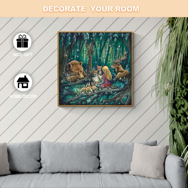 Colorful woodland scene depicting animals in a forest, perfect for home decor and artistic inspiration.