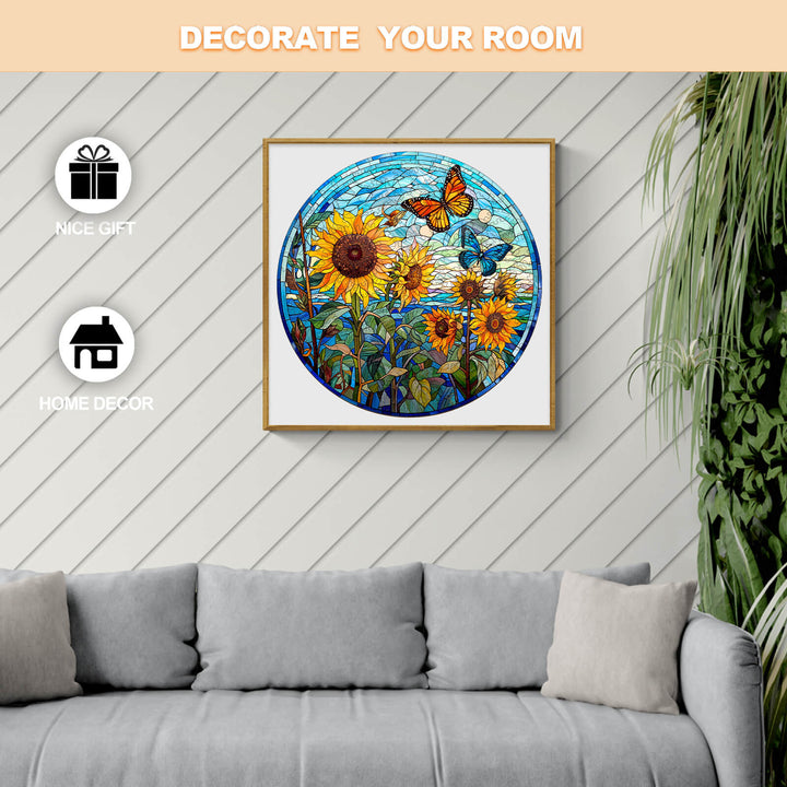 Stained glass sunflower puzzle artwork displayed in a stylish home decor setting with a cozy couch.