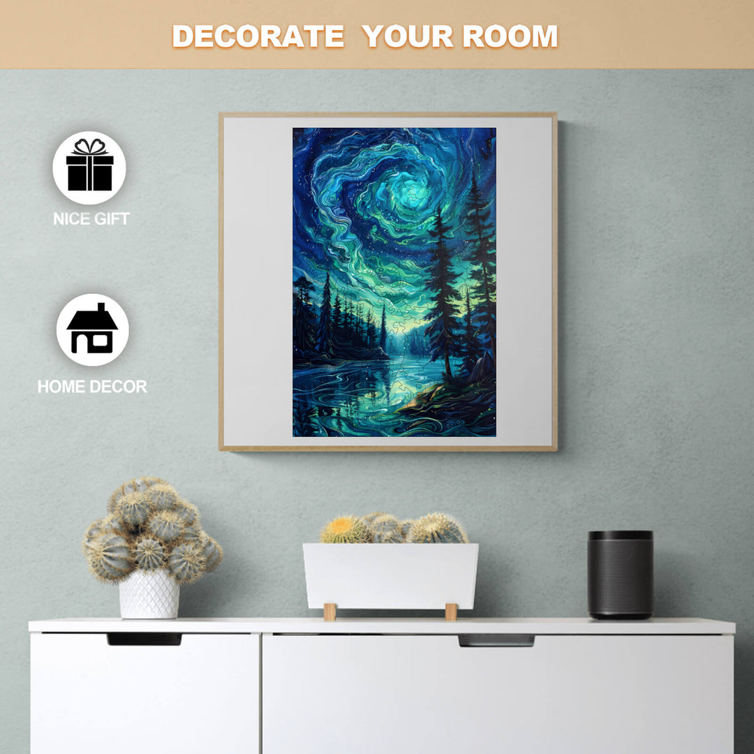 Night Aurora-2 wooden jigsaw puzzle displayed as home decor, perfect for decoration and gifts.