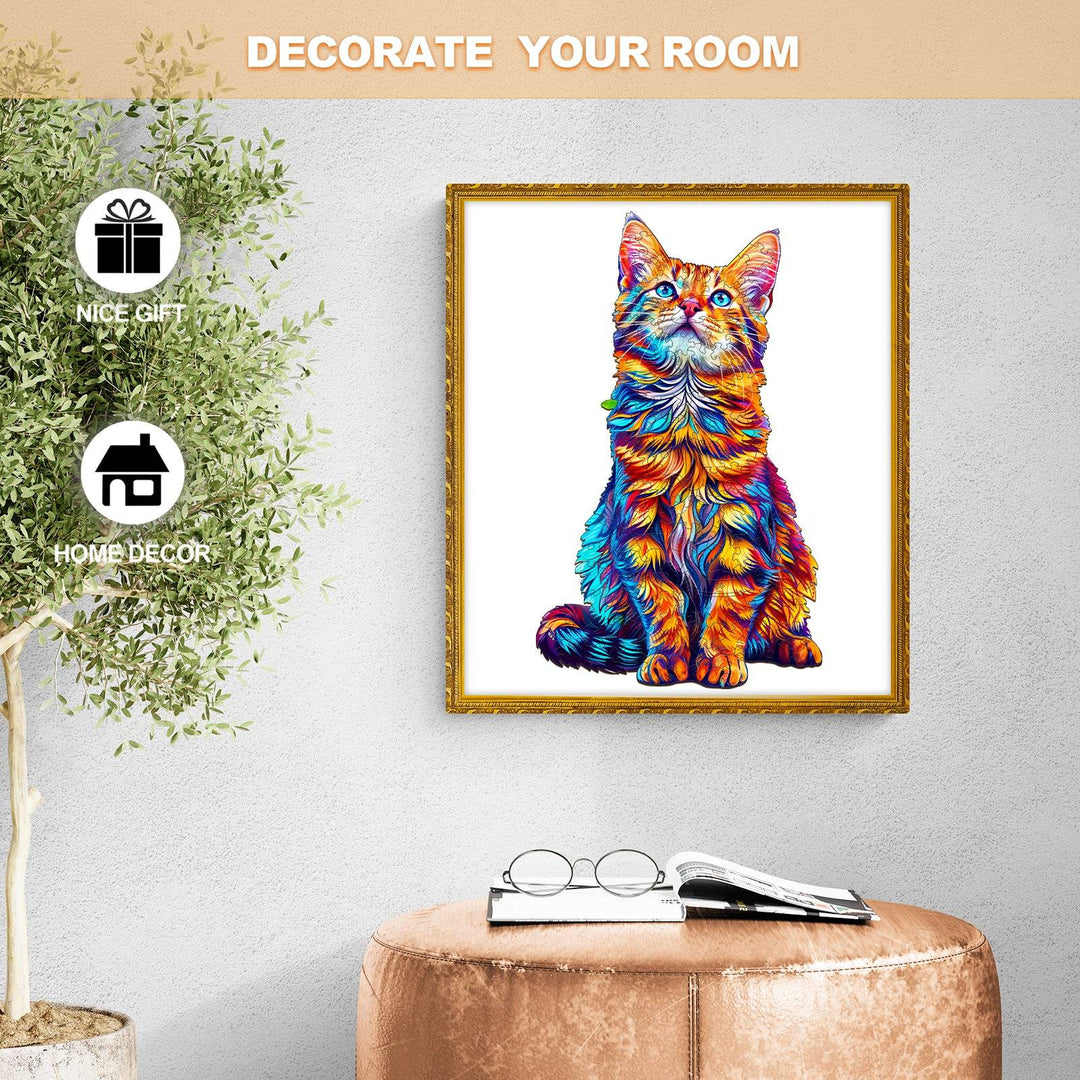 Colorful cat art print in a stylish living room, perfect for home decor and as a gift.