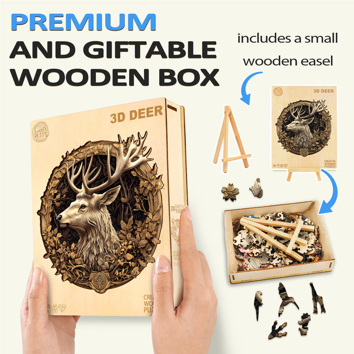 3D Deer wooden jigsaw puzzle in a premium box with a wooden easel, perfect for gifting and enhancing focus during puzzle solving.