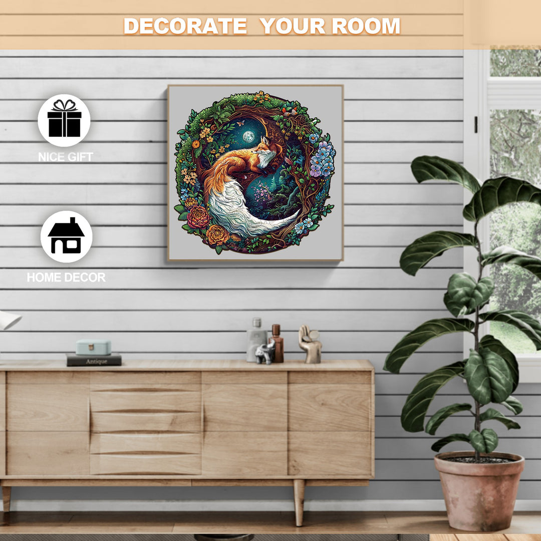 Yin Yang Fox-2 wooden jigsaw puzzle displayed as home decor, enhancing room aesthetics and gifting options.