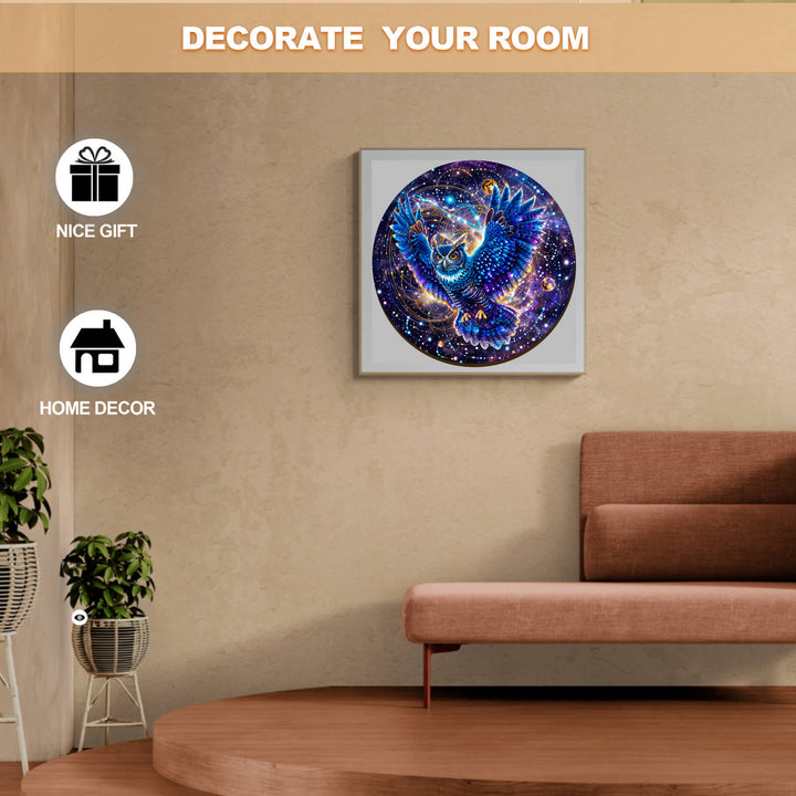 Galaxy Owl-1 wooden jigsaw puzzle displayed as home decor, enhancing room aesthetics with a colorful design.