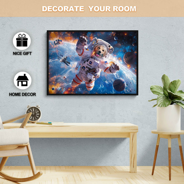 Astronaut dog wall art in a stylish room, perfect for home decor and unique gift ideas.