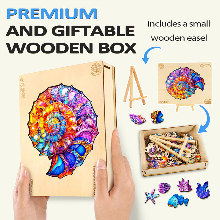 Colorful Nautilus wooden jigsaw puzzle in a premium gift box with wooden easel, perfect for puzzle lovers.