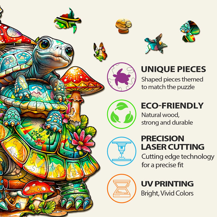 Features of the Turtle Family Wooden Jigsaw Puzzle: unique eco-friendly pieces, precision laser cutting, and vibrant UV printing.