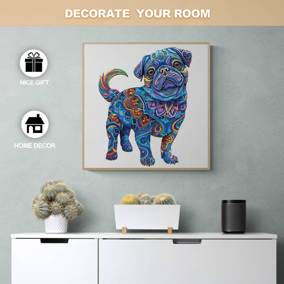 Colorful pug illustration on wall, perfect for home decor or as a unique gift option. Enhance your room's aesthetics with art.