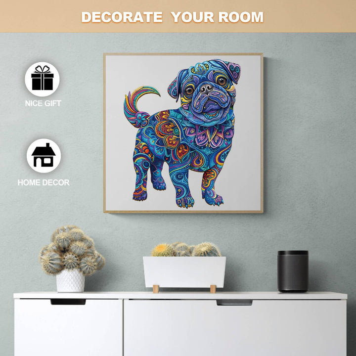 Colorful pug illustration on wall, perfect for home decor or as a unique gift option. Enhance your room's aesthetics with art.