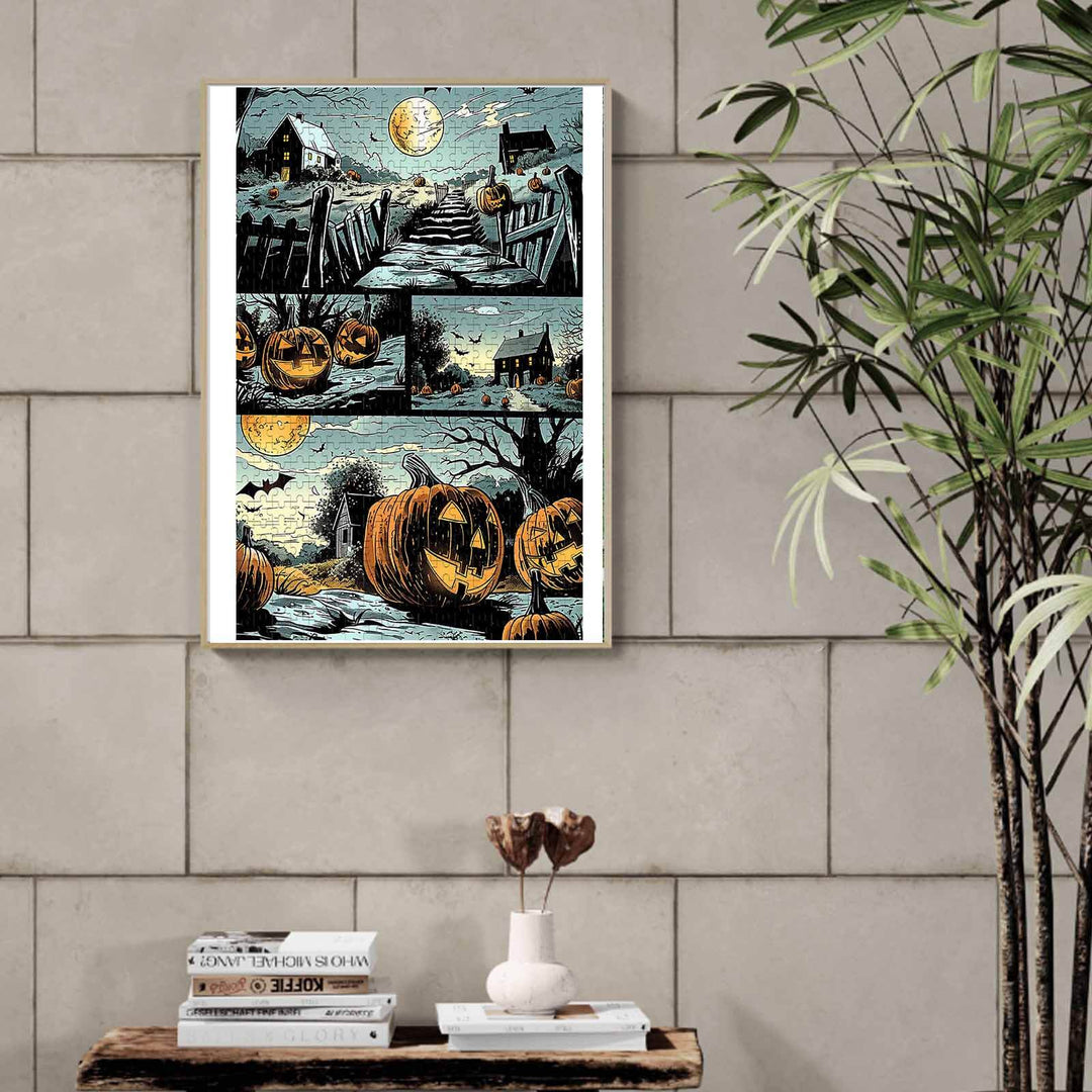 Scary Pumpkin jigsaw puzzle artwork showcasing haunted pumpkins, a moonlit house, and a spooky landscape.