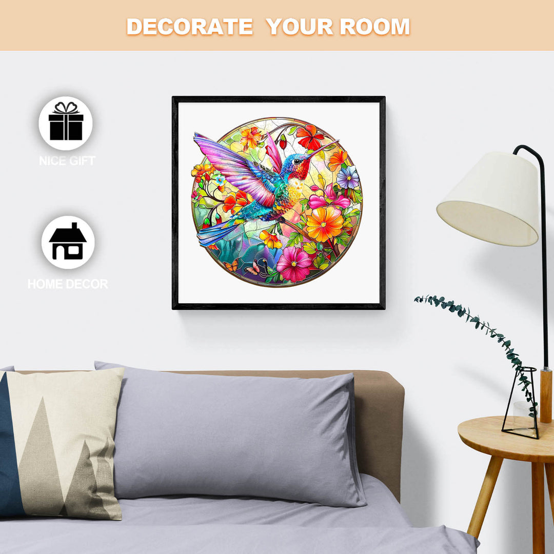 Colorful stained glass hummingbird artwork, perfect for home decor and unique gift ideas for room decoration.