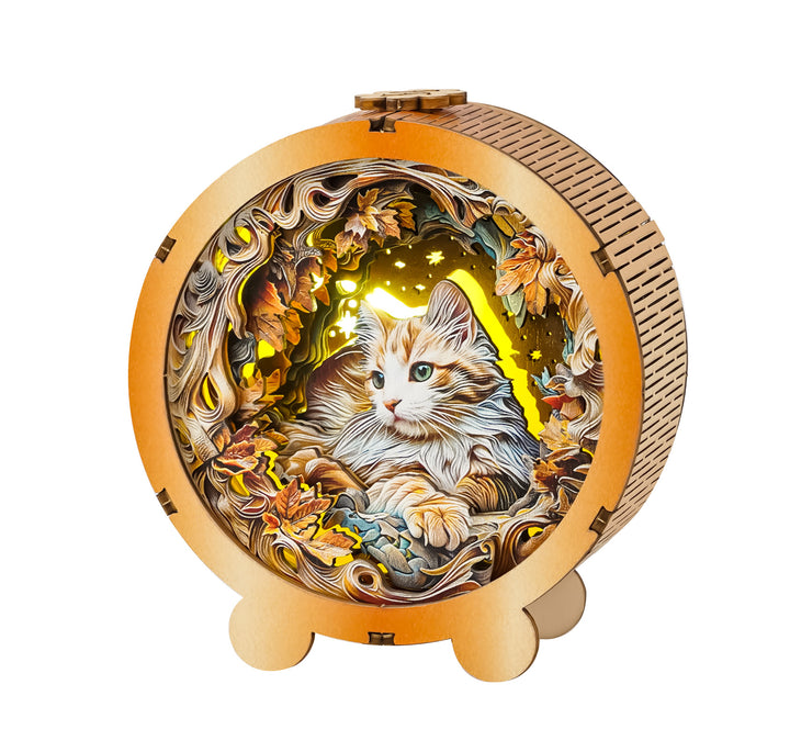 3D wooden puzzle night light featuring a mystical cat surrounded by autumn leaves and glowing stars.