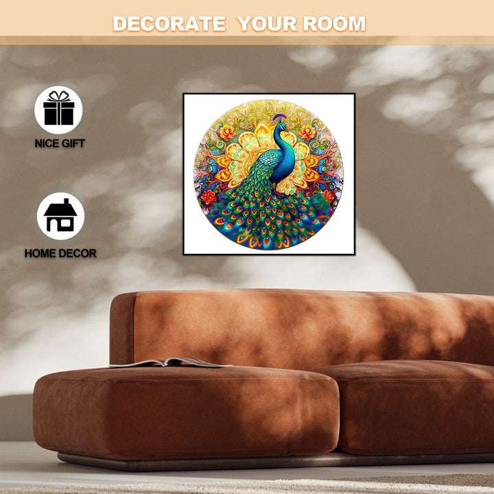 Mandala peacock wooden jigsaw puzzle displayed in a cozy living room setting, perfect for home decor.