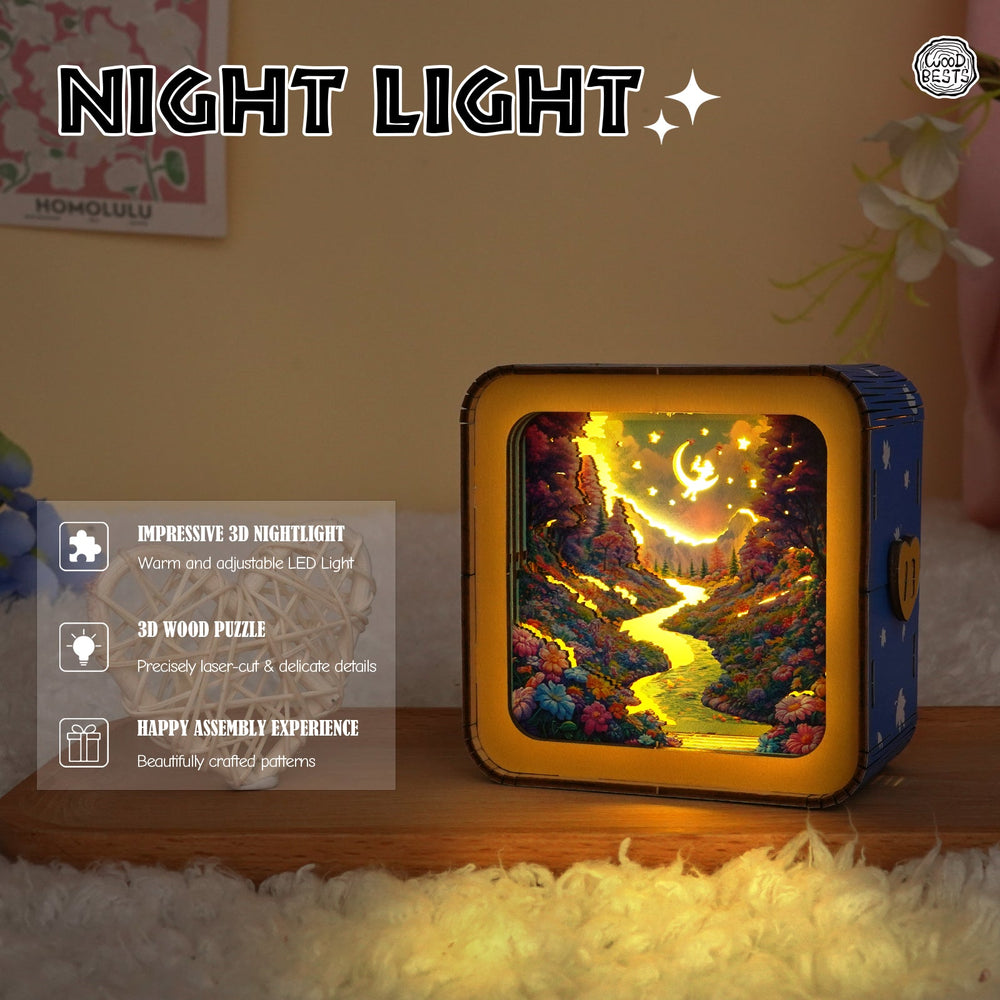 Dream Forest Kit 3D wooden puzzle night light with warm LED glow, featuring colorful nature scene and easy assembly.