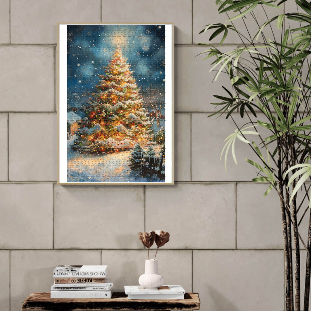 Christmas Tree 500/1000 piece puzzle displayed in a cozy living room setting, enhancing holiday decor.