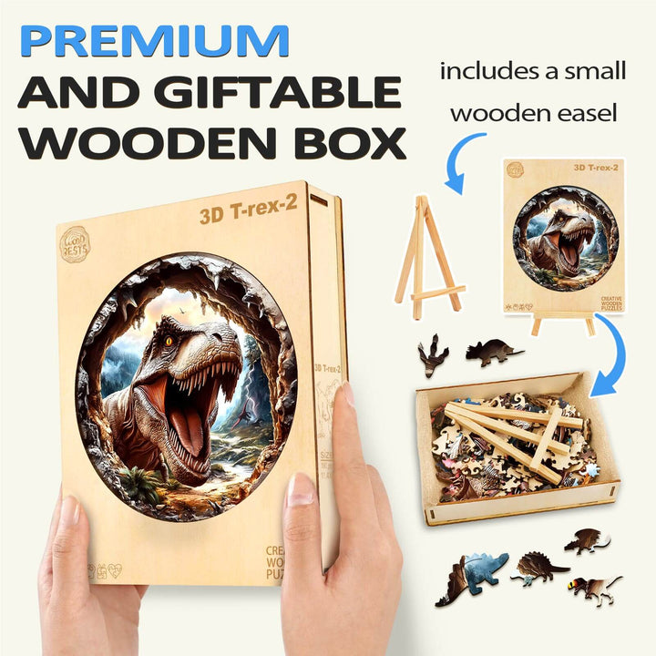 Premium 3D T-Rex wooden jigsaw puzzle kit with wooden box and easel, perfect for gifting and enhancing focus.