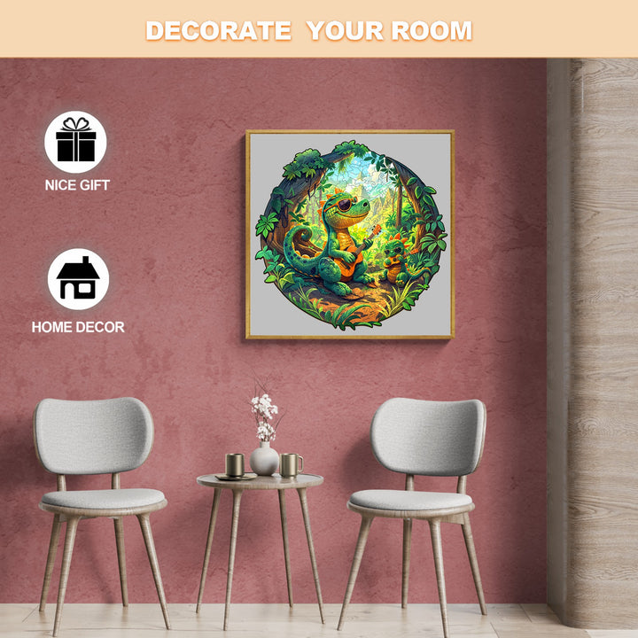 Cozy room decor featuring a vibrant dinosaur artwork, perfect for gifts and home decoration.