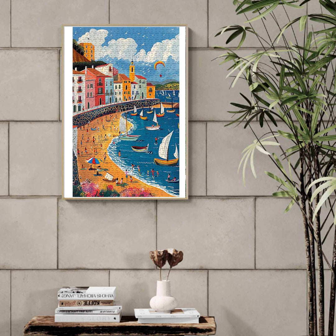 Colorful City Beach puzzle artwork depicting boats, beachgoers, and vibrant scenery on a wall.