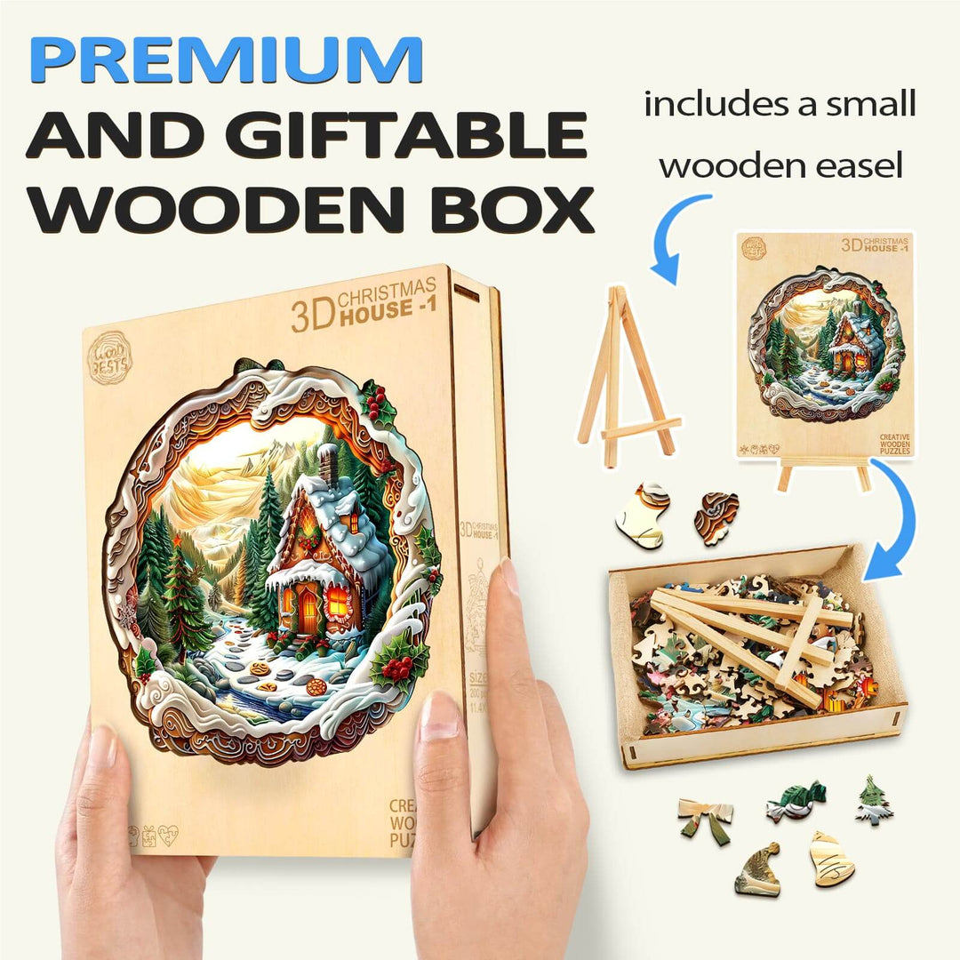 3D Christmas House-1 wooden jigsaw puzzle in a premium gift box, with a small wood easel included for display.