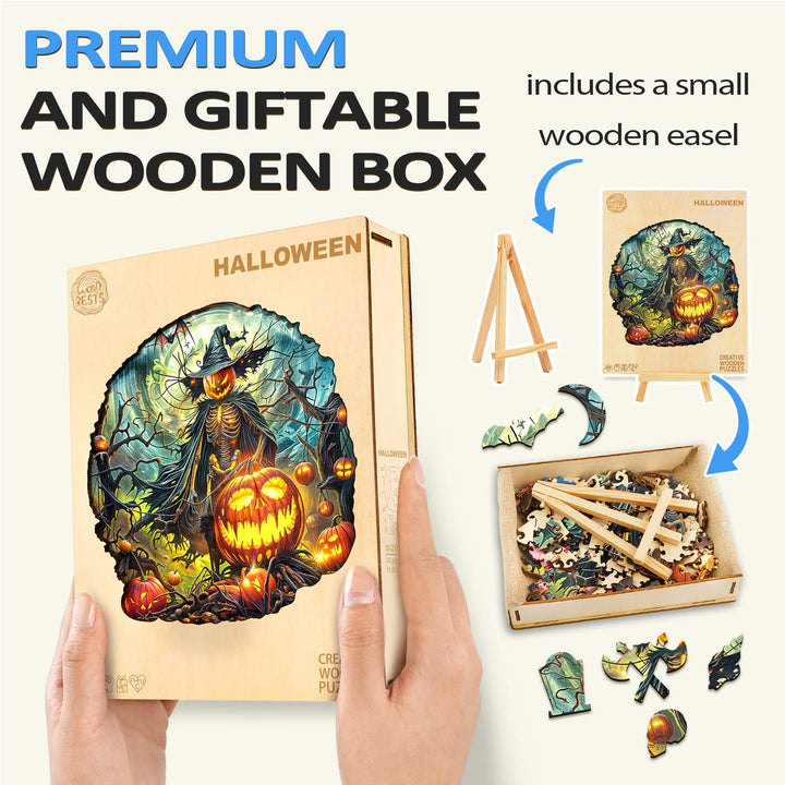 Premium Halloween wooden jigsaw puzzle in a giftable box, featuring a small wooden easel and intricate designs.