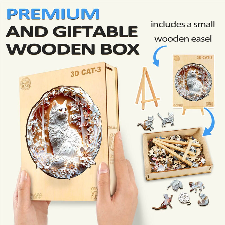 3D Cat-3 wooden jigsaw puzzle in a premium gift box, includes a small wooden easel for display.
